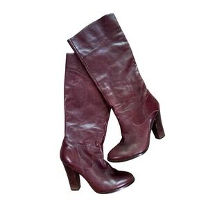 Burgundy Genuine Leather Block Heel Knee High Boots 9M Old Money Moto Chic